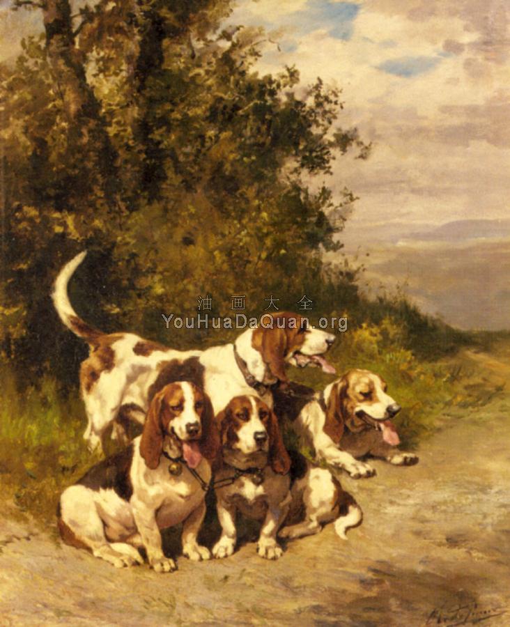 Hunting Dogs on a Forest Path - 查尔斯·奥利维尔·德·佩尼